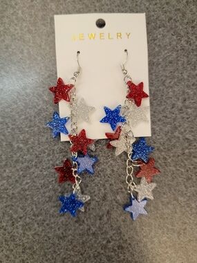 Patriotic Glitter Star Dangle Earrings - Red Blue Silver